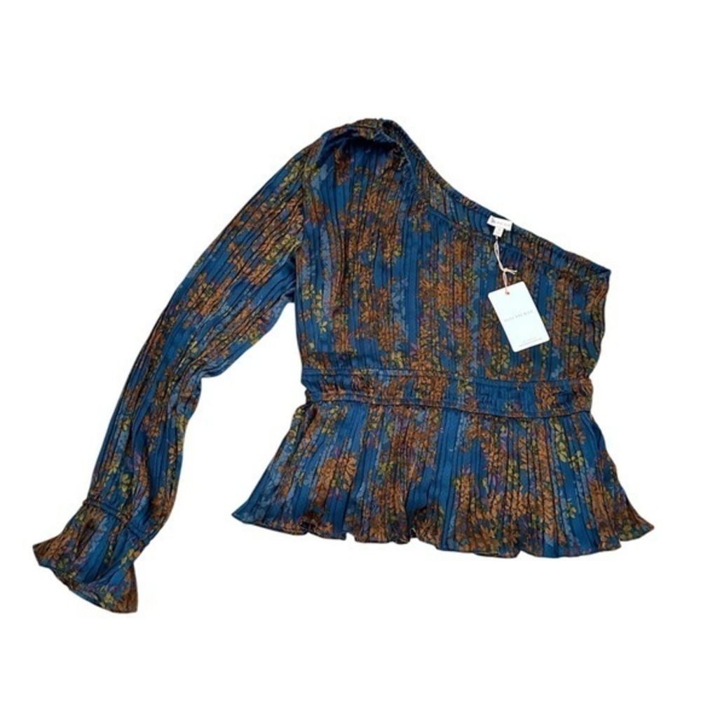 Skies Are Blue One-Shoulder Blue and Brown Blouse